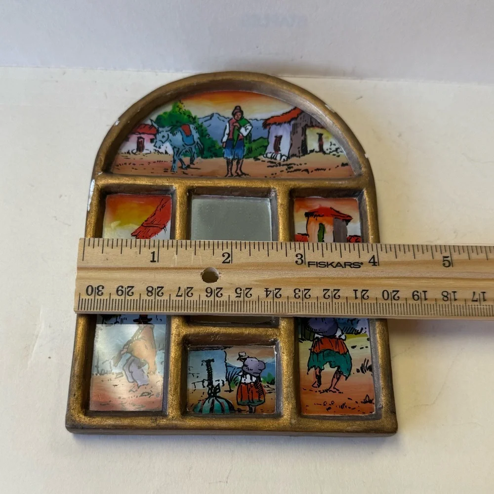 Vintage Peru Folk Art Painted Mirror Wood Frame Wall Hanging Handcrafted Decor